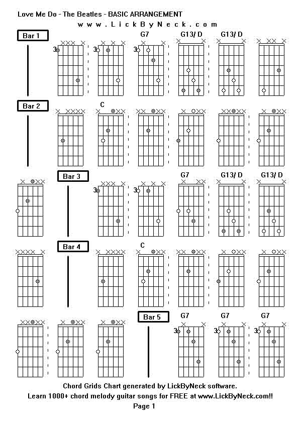 Chord Grids Chart of chord melody fingerstyle guitar song-Love Me Do - The Beatles - BASIC ARRANGEMENT,generated by LickByNeck software.